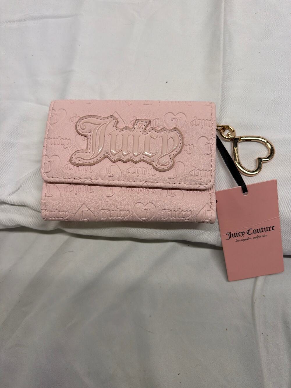NWT Juicy Couture Pink Embossed Logo Trifold Wallet w/ Heart Key Ring